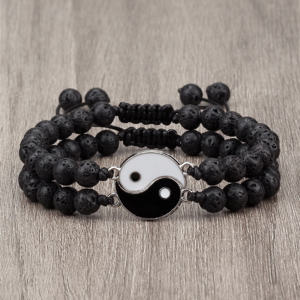 New 6mm Black Lava Beads Bracelets Tai Chi Yin Yang Pendant Adjustable Handmade Braided Bangles Fashion Jewelry Gifts For Couple