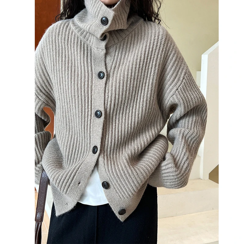 2024 Women Autumn Turtleneck Button Design Cardigans Coat Thick Knitted Beige Sweater Women Winter Cape Clothes Tops