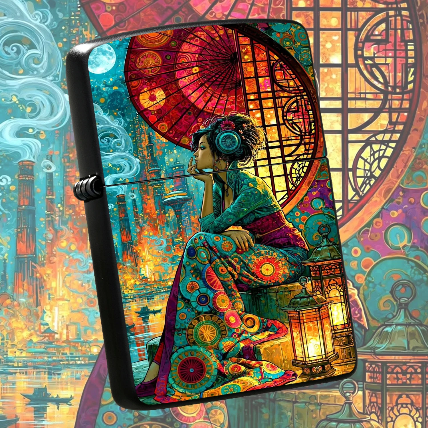 Stylish Cyber Oriental Art Print Lighter, Exquisite Full Moon City Night Pattern, Portable Decorative Practical Accessory, Ideal For Daily Use Gifting Collection, Fits All Scenarios, Unique Aesthetic Souvenir For Art Lovers A Humorous And I