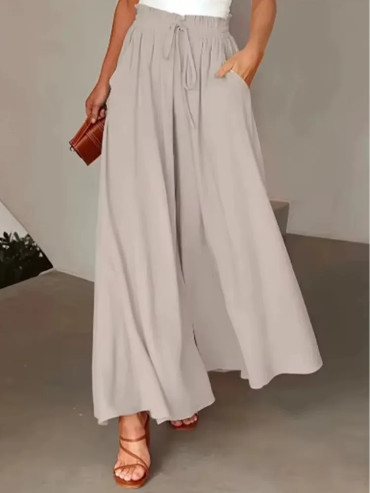 Lace Up Printed Women's Long Trousers Casual Pocket Women's Wide Leg Pants Fashionable High Street Bohemian Style Summer Daks