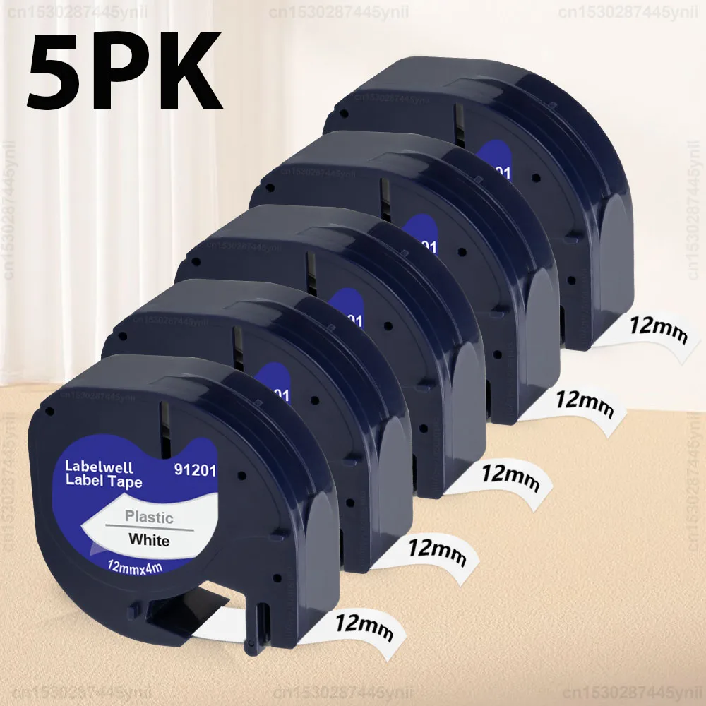 5PK 91201 Compatible for Dymo Letratag Label Tape Plastic 91331 91221 91201 91200 12267 12mm LT Tape for Dymo LT100H Label Maker