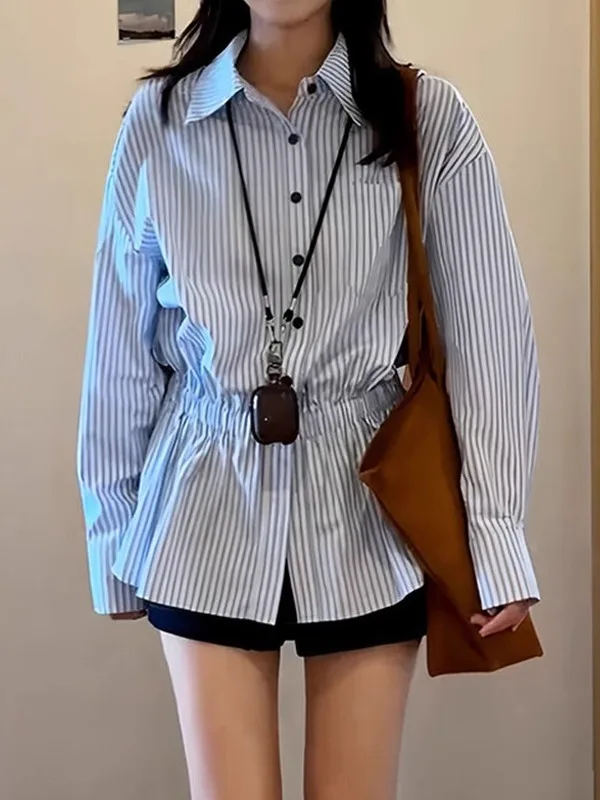 

Женская рубашка больших размеров с синими полосками, утягивающая талию, весенняя новинка, свободный крой, для ношения под одеждой, в корейском стиле