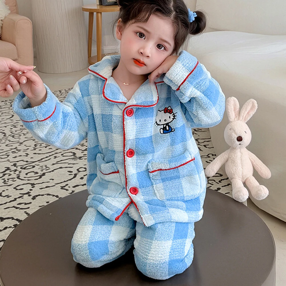 

Anime 2Pcs Hello Kitty Girls Flannel Pajama Set Kawaii Sanrio Cute Winter Girls Warm Thicke Grid Cardigan Pants Cartoon Homewear