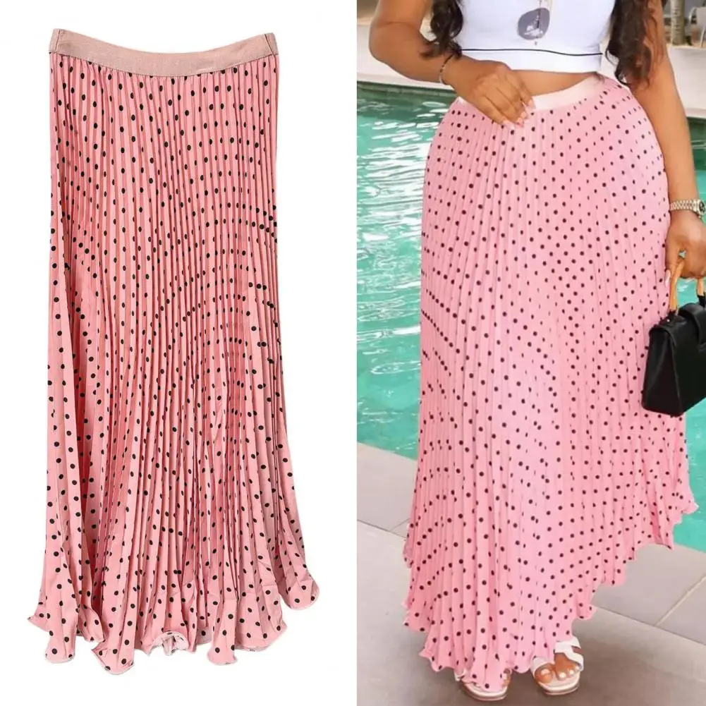 

Юбка с высокой талией, женская юбка макси А-силуэта с высокой талией, плиссированная длинная юбка с принтом в горошек, эластичный пояс, подол для работы и отдыха