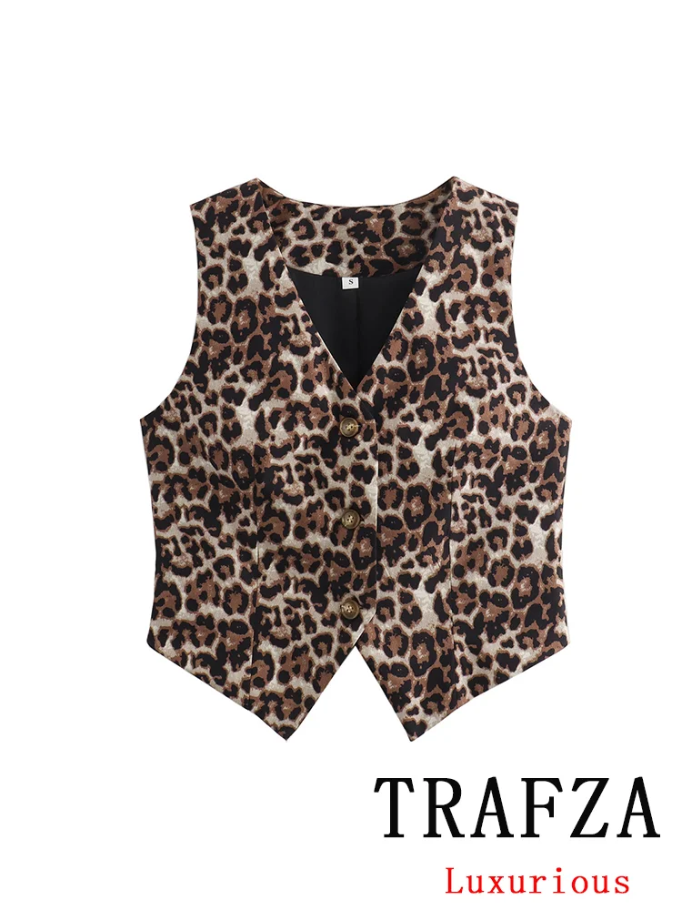 TRAFZA Vintage Casual Sexy Chic donna top Leopard scollo a v monopetto senza maniche gilet corto New Fashion 2024 Summer Tops