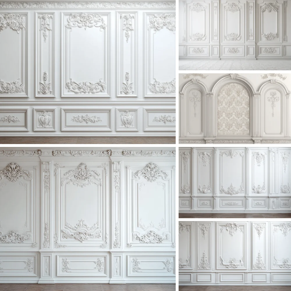 

Luxury Classic Interior Wall With Mouldings Photography Backdrops European Vintage Wood Wedding Photo Studio Background