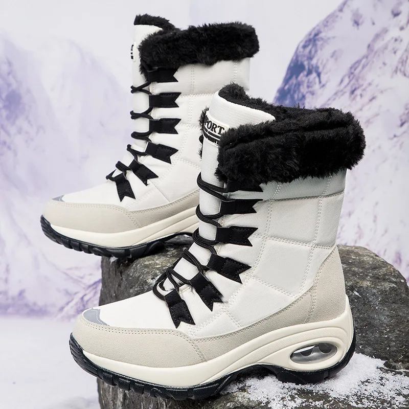 豪華なスノーブーツ暖かい綿の靴ハイトップウィンターブーツ女性ミッドカーフ豪華なウォーキングシューズ滑り止め寒い天候のブーツ