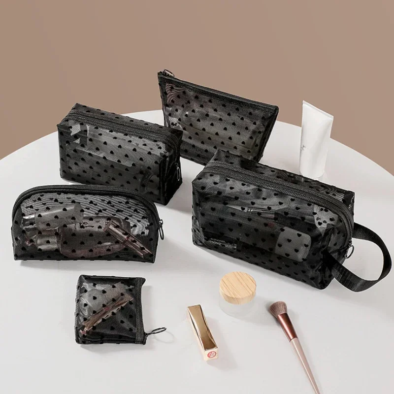 Clear Purple Transparent Mesh Cosmetic Bag Heart Shaped Pattern Make Up Bag Wash Pouch Portable Travel Organizer Storage Bags
