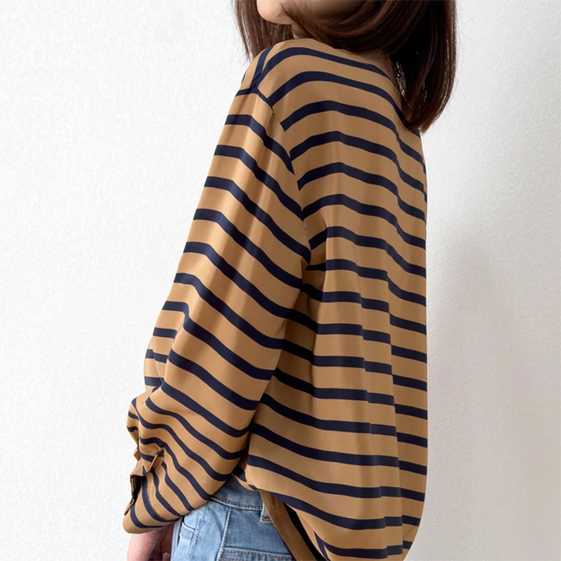 Women Silk Blouse 100% Mulberry Crepe Silk Coffee Black Striped Printed Long Sleeve Pullover Top Shirt L XL M1150