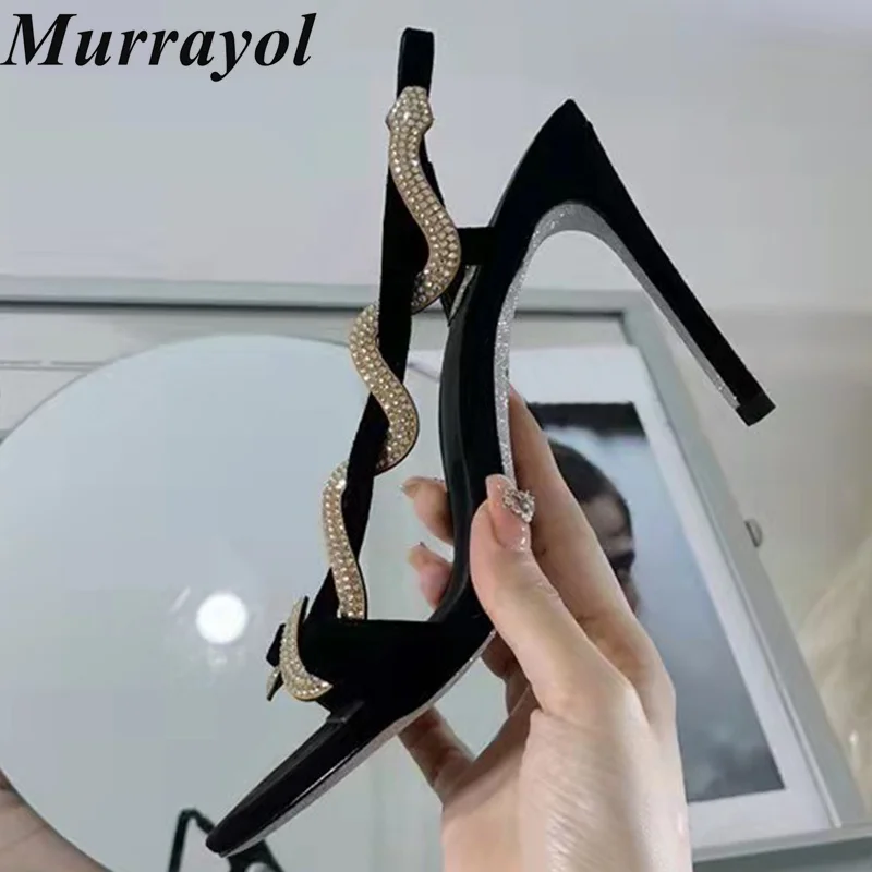 Bling Rhinestone Decor Square Heels Sandalias Women's Snake Shaped Entanglement Design Thin Heels Sandals Summer Dress Shoes