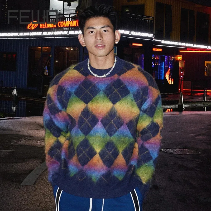 

FEWQ American Christmas Rainbow Grid Round Neck Knitted Sweater 2024 Contrast Color Long Sleeve Streetwear Male Pullover 24E2776