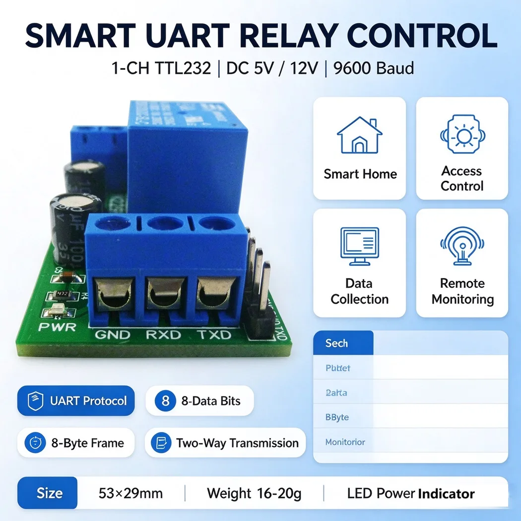1CH UART Relay Module USB TTL232 Serial Control DC5V 12V 9600 Baud Rate Two-way Transmission for Smart Home Access Control
