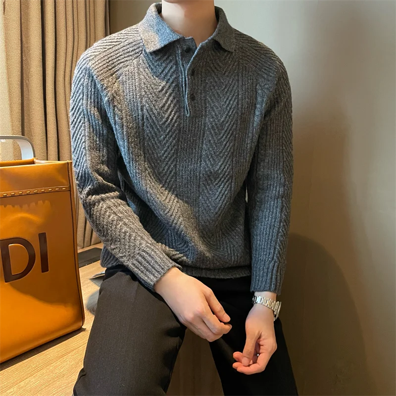 Korean Fashion Autumn Winter New Sweaters Men's Solid Turn-down Collar Button High Street Casual Long Sleeve Loose Knitted Tops