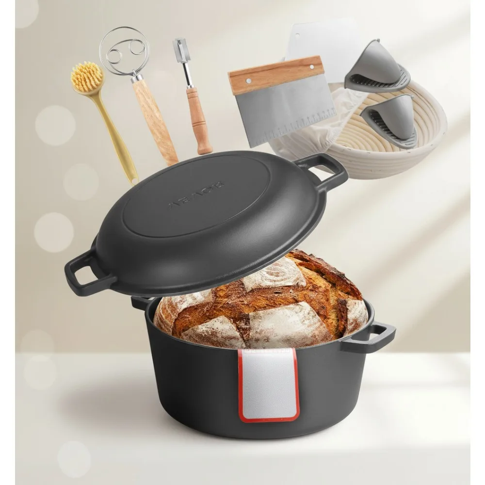 

Чугунная голландская духовка 2-в-1 с крышкой для сковороды, горшок для выпечки хлеба 5QT с корзиной и аксессуарами, сейф для духовки 500 ° Ф