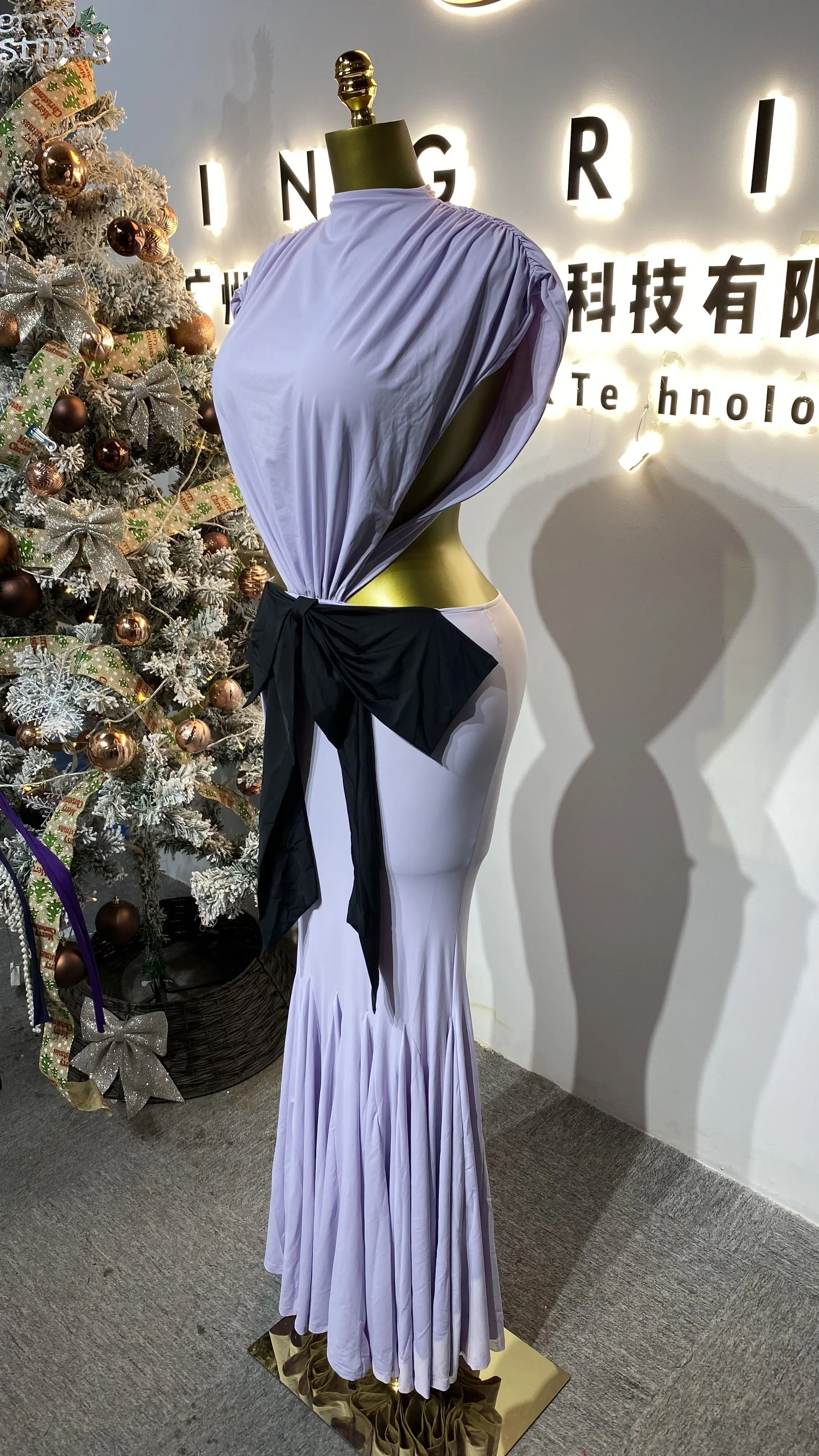 2025 Summer New Sexy Waist-cinching Bow Contrast Color Backless Sleeveless Fashionable Long Dress-GZXX166
