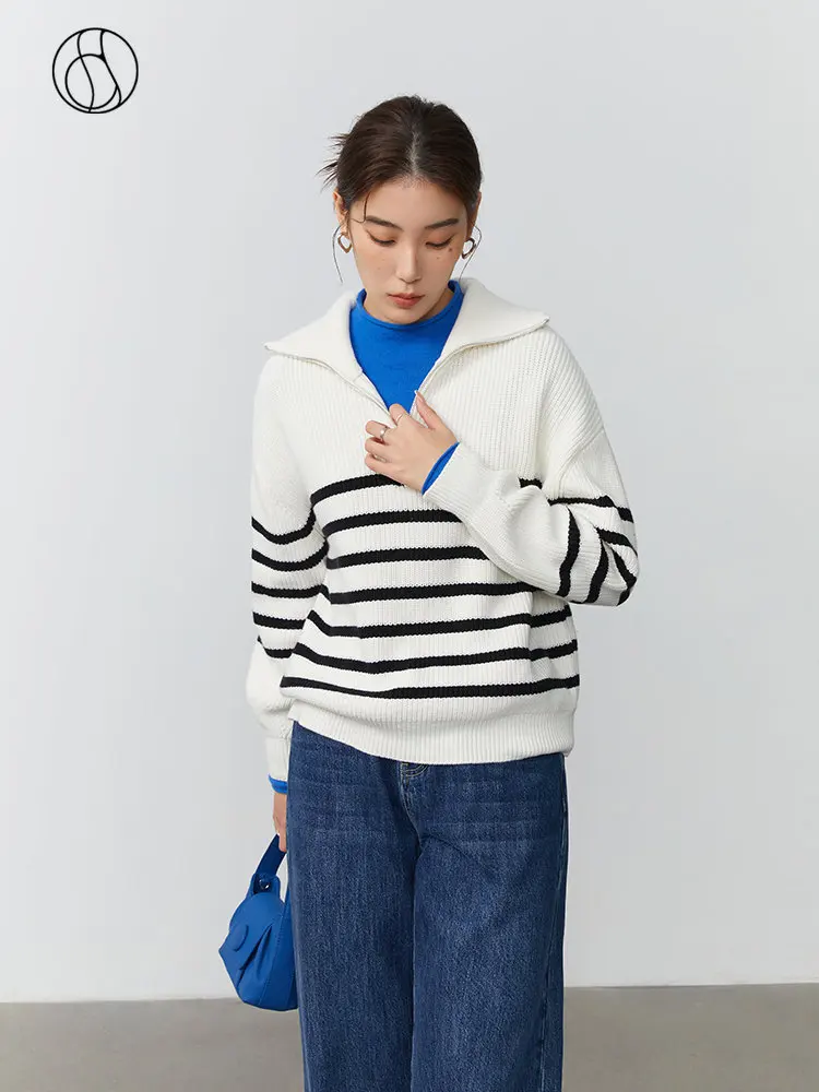 DUSHU Women Casual Zipper Neck Winter Pullover Sweaters Stripe Loose Drop Sleeve Thicken Women Sweater Turn-Down Collar Tops