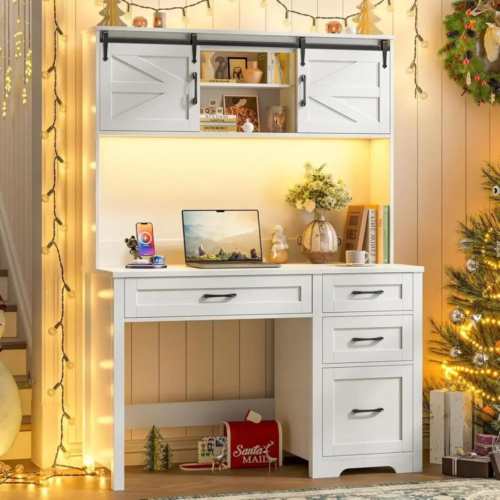 

67 High Executive Desk with Hutch, Charging Station, LED Light, Drawers, and Storage Cabinet for Home or Office - Cream White