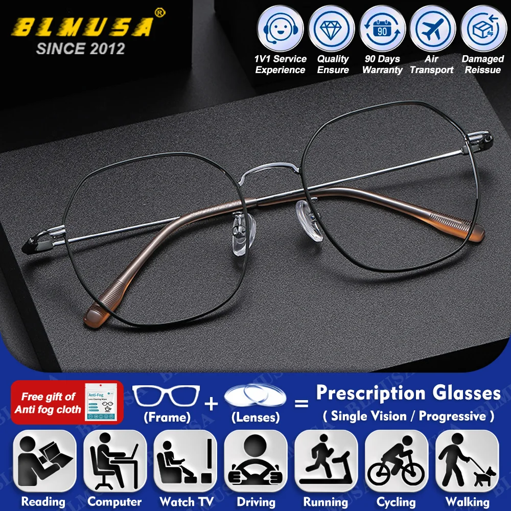 

BLMUSA (M) Classic Alloy Polygon Myopia Prescription Glasses Neutral High Quality Anti Blue Ray Photochromic Progressive Eyeware