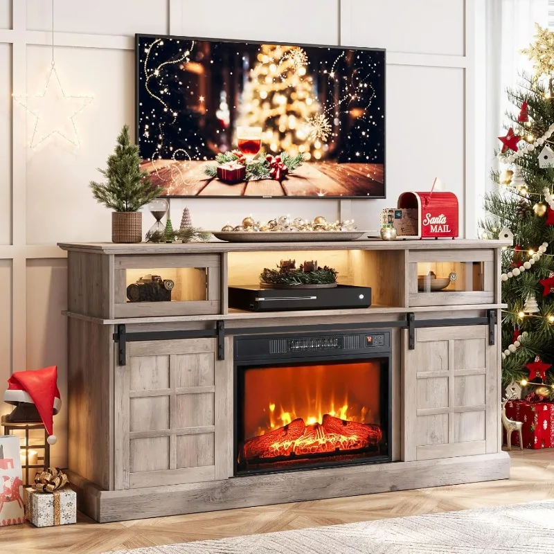 حامل تلفزيون LGHM LED Fireplace، مركز ترفيه لأجهزة التلفاز مقاس 65 بوصة، وحدة تحكم تلفزيون مع مدفأة كهربائية مقاس 23 بوصة، تلفزيون باب المزرعة