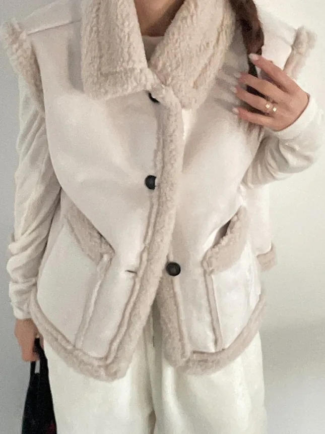 

Зимний замшевый жилет из овечьего меха, женский кожаный меховой жилет в стиле ретро, модный универсальный жилет с застежкой на одной пуговице