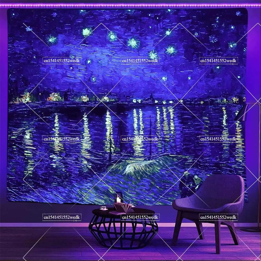 Blacklight Tapestry Starry Night Van Gogh Wall Art Decor Glow In The Dark Oil Painting Fluorescent Tapestry Uv Reactive Poster