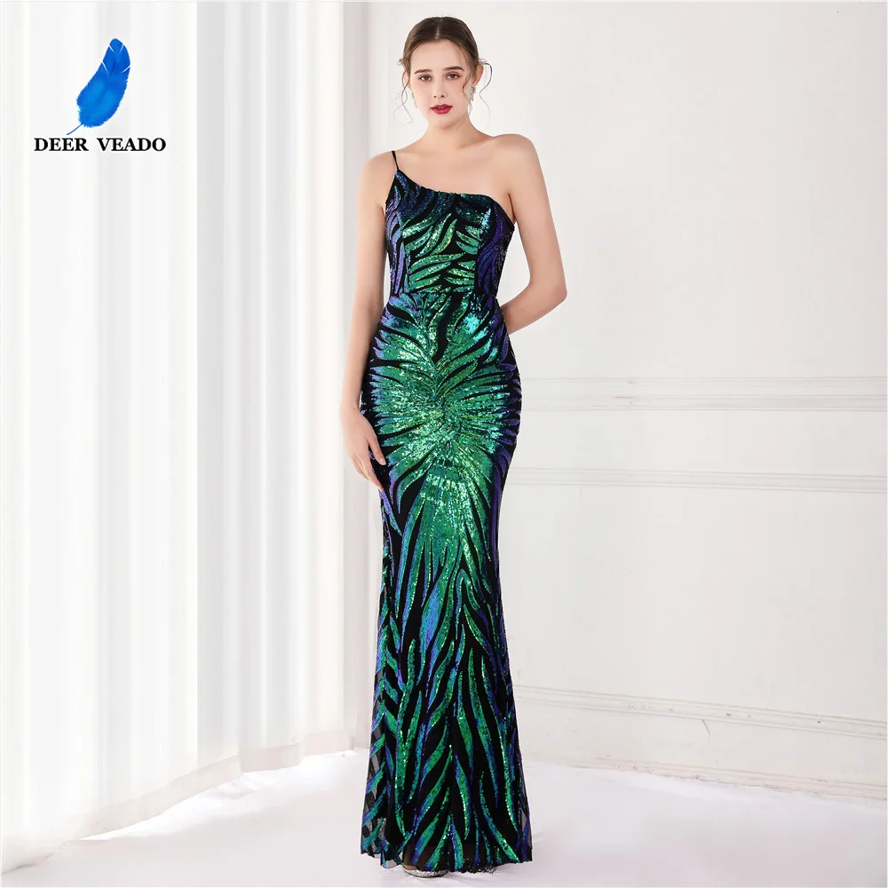 

DEERVEADO Women's One Shoulder Sequins Evening Dresses Long Formal Dress for Special Occasions Wedding Party Dress Prom Gowns