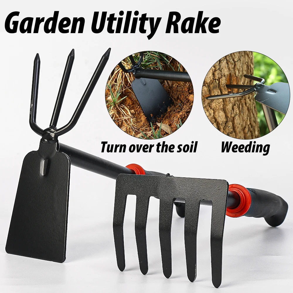 Five Tooth Rake Anti-Rust Loosen Soil Dual Use Rake Thickened Garden Hoe Rubber Handle Removing Weeds Digging Gardening Tools