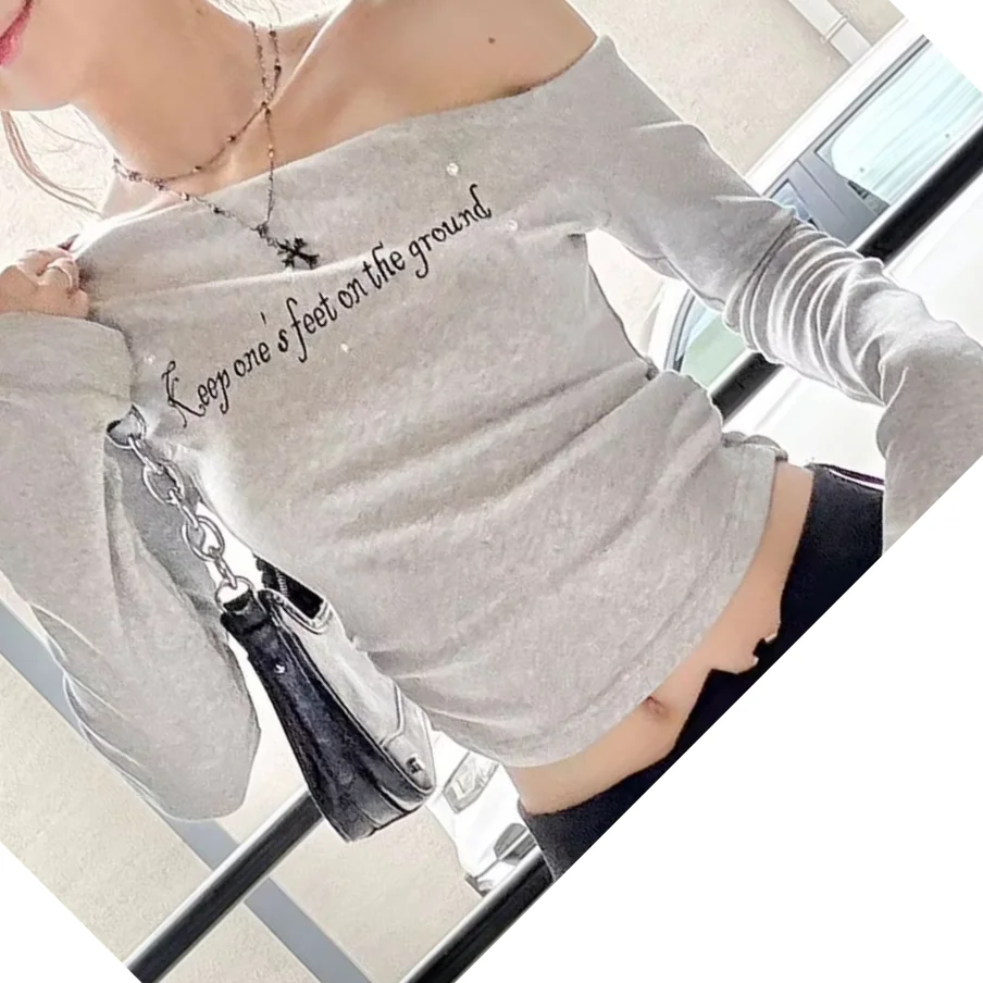 New Arrival Women's Spring And Autumn Sexy Casual Slimming Letter Print Slant Neck Off-shoulder Long Sleeve T-shirt