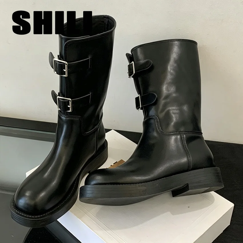 Botas negras hasta la rodilla para mujer, con punta redonda, cordones, remaches, tacón bajo, estilo motero y punk, botines largos, botas de moda para mujer, otoño e invierno.