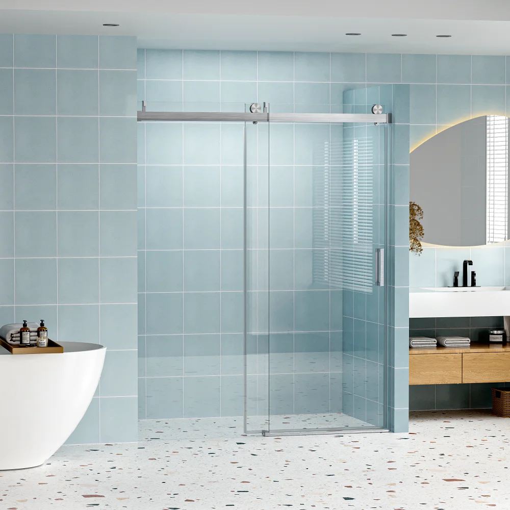

56" - 60" W x 76" H Frameless Shower Door Soft-closing Single Sliding, 1/4" (6mm) Tempered Glass with Explosion-proof Coating