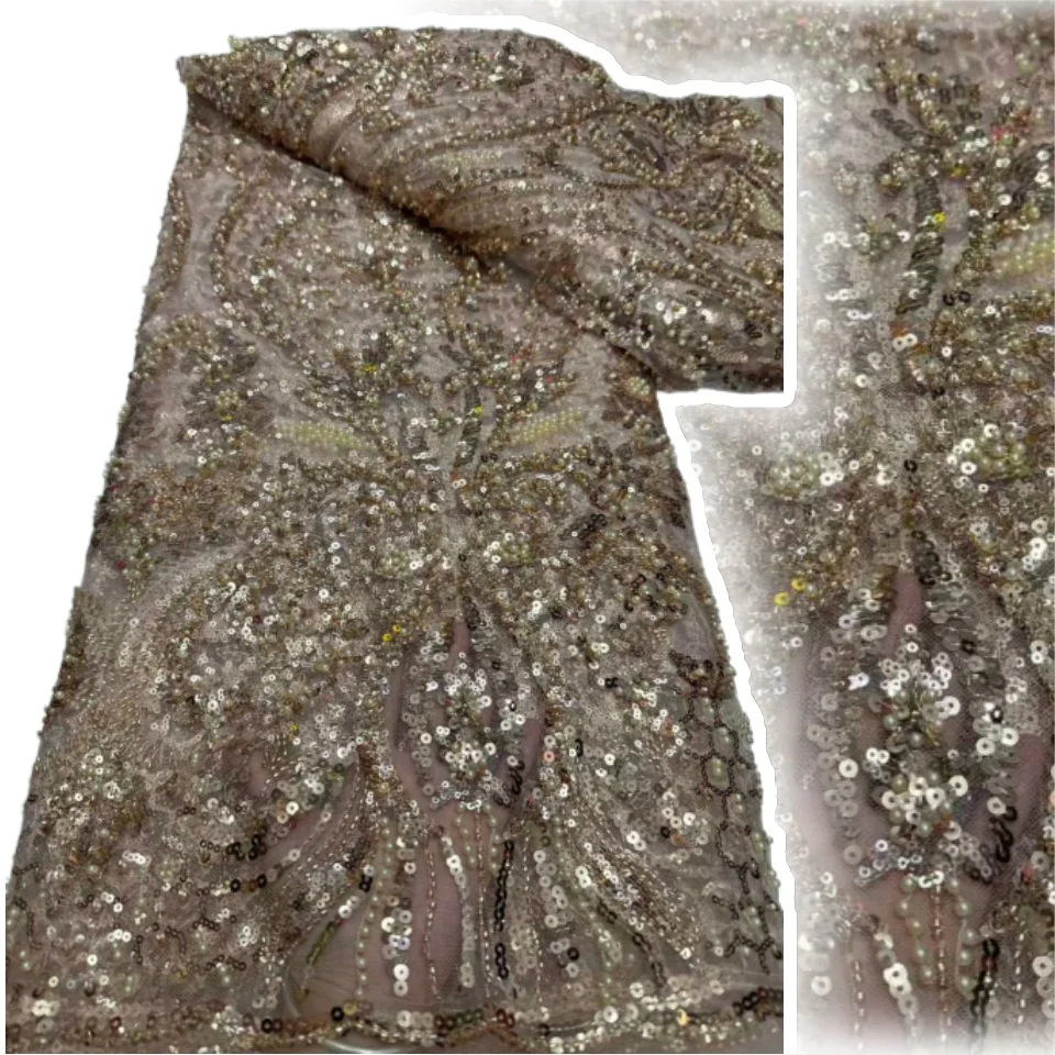 

High Quality African Nigerian Lace Fabric with Beaded Sequins French Net 5 Yards for Sewing Party Wedding Dresses AH1381