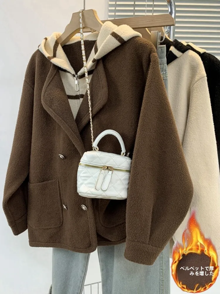 Women's Plaid Splicing Hat Woolen Coat Autumn 2026 plus Size Beautiful Reed Velvet Coat Korean Style Loose Fit Long Sleeve