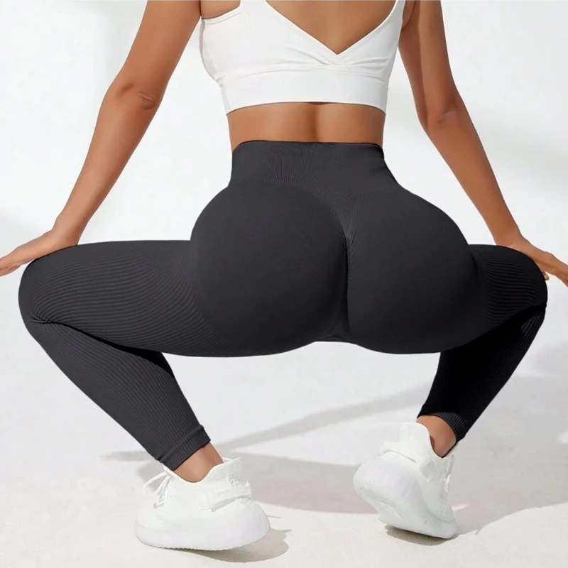 Women High Waist Seamless Thread Knitted Yoga Leggings Hip Lifting High Elastic Slim Training Running Gym Fitness Fashion Pants