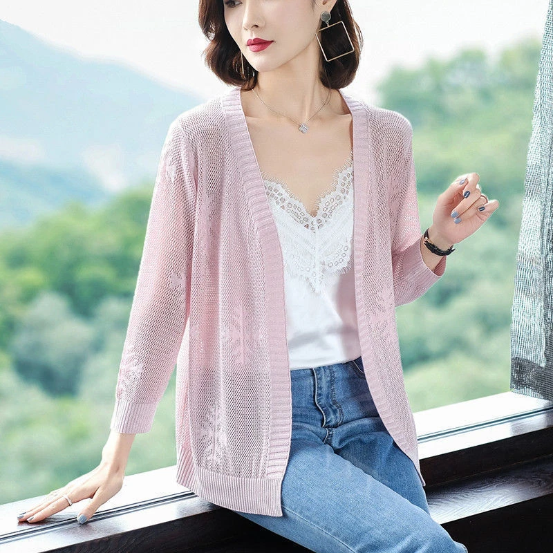 New Knit Sunscreen Shirts Summer Long Sleeve Knitwear Cardigan Korean Casual Loose Tops Hook Flower Shawl Air Conditioning Coat