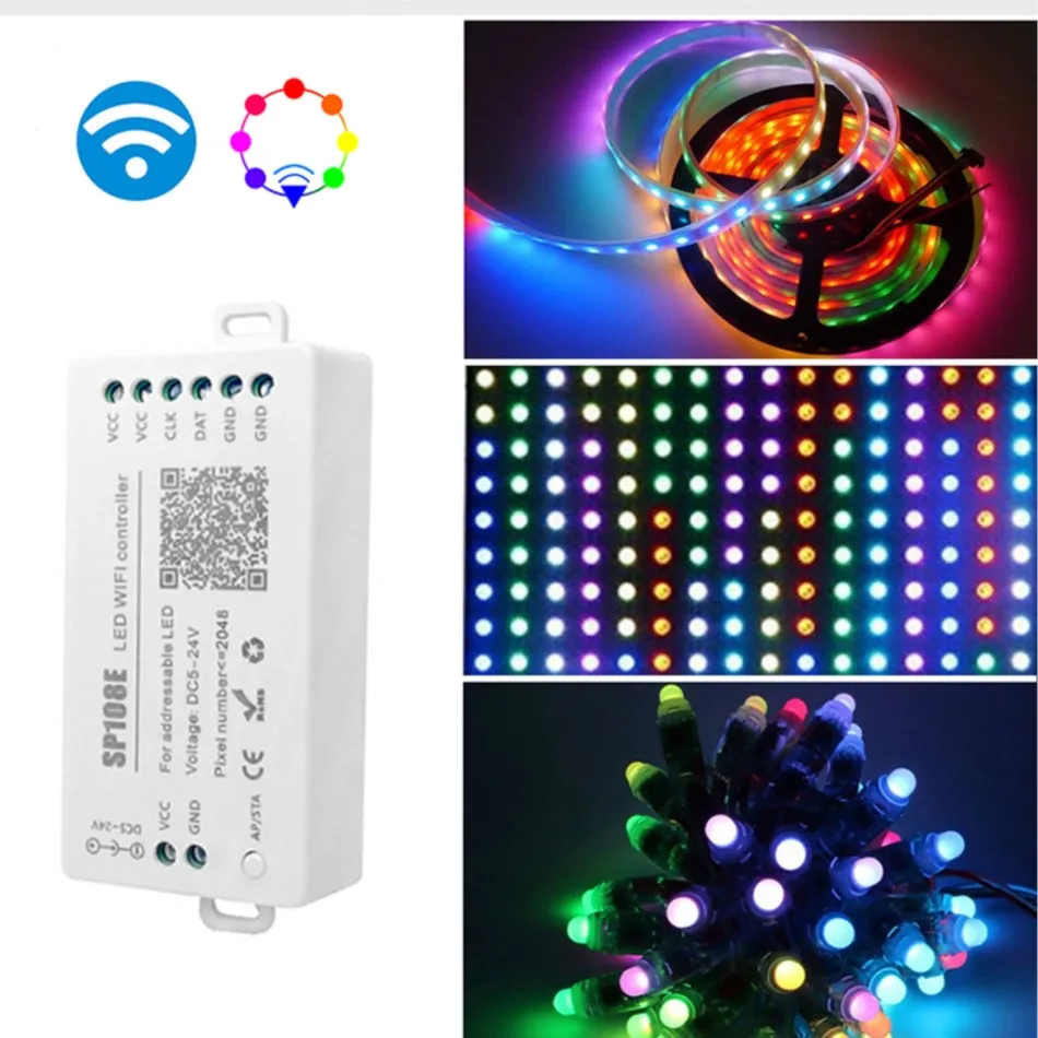 SP108E adresowalny sterownik ściemniacza LED Wifi DC 5-24V 2048 pikseli dla SK6812 WS2812 programowanie kolorów RGB LED magiczny kolorowy pasek