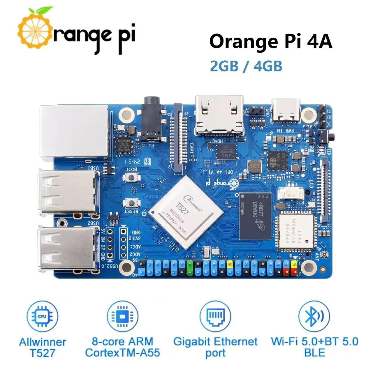 Scheda processore Octa-core Orange Pi 4A 4GB Allwinner T527 RISC-V LPDDR4/4X 2TOPS NPU