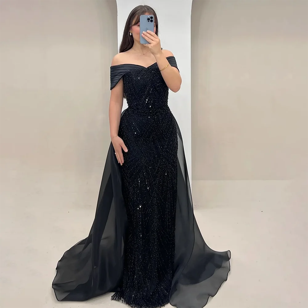 

Luxury Black Sequin Long Evening Dresses for Women 2025 Arabic Prom Wedding Gowns Off Shoulder Floor-Length Formal Party Dresses