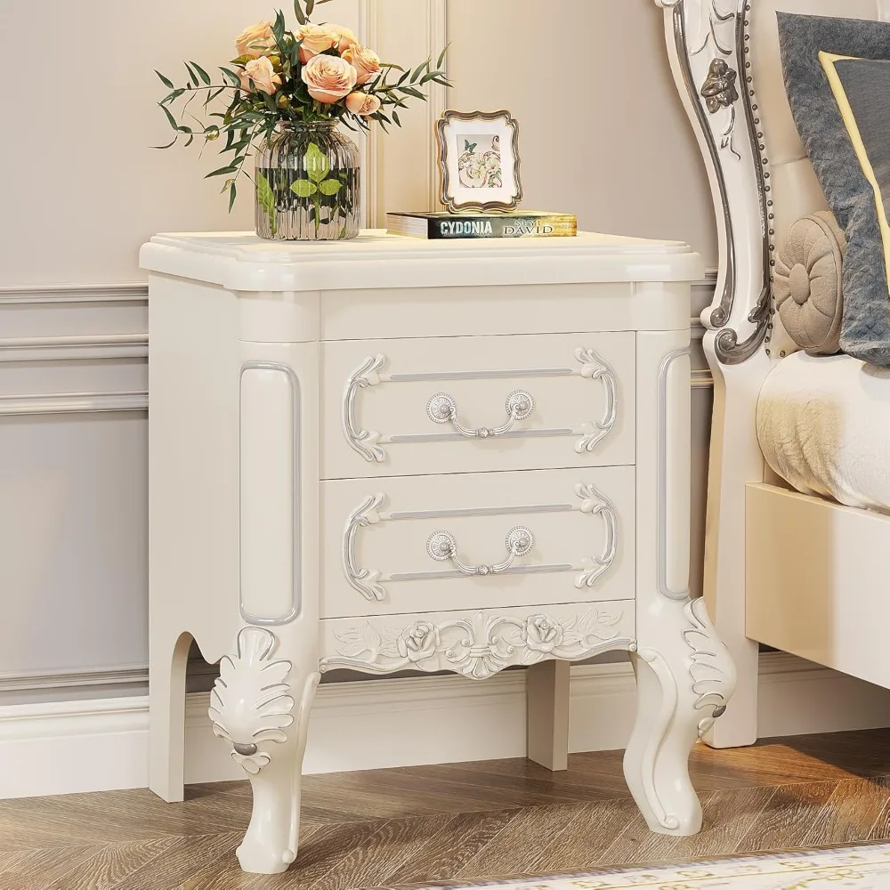 

White Nightstand, End Table with 2 Drawers, Carved Bedside Tables, Side Table for Bedroom, Classic Bedroom Furniture,