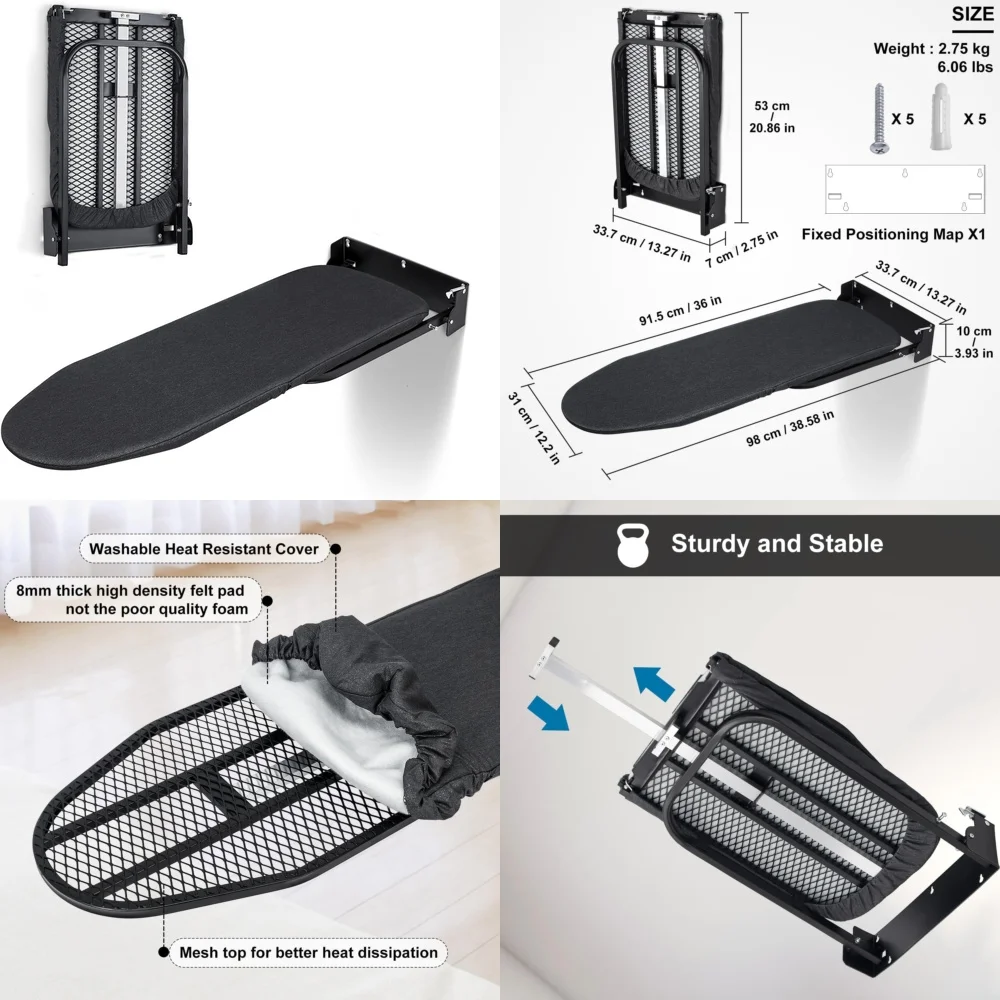 

Настенная гладильная доска размером 12 x 36 дюймов, складной шкаф для гладильной доски с термостойкой крышкой, экономия места для стирки