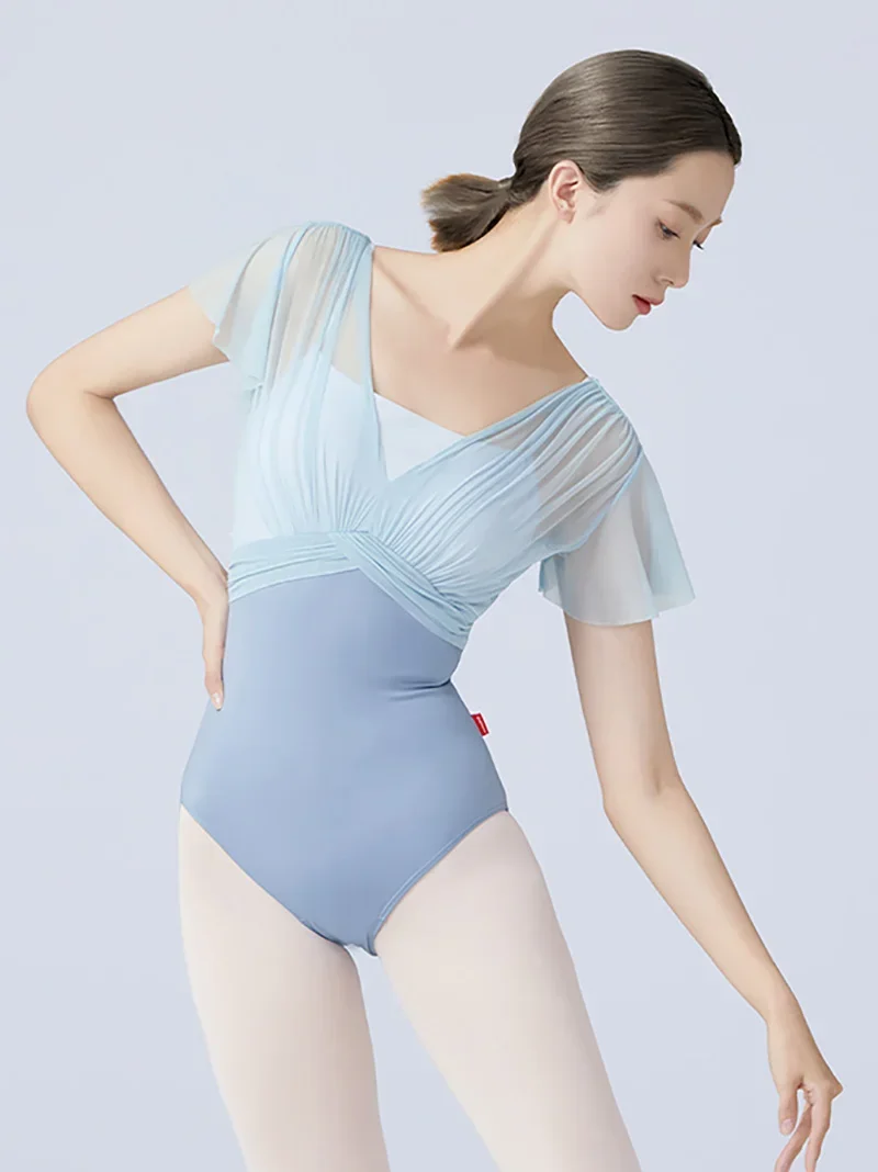 大人女性ボディベーシックトレーニングバレリーナダンスウェアメッシュ半袖-v-ネック背中の開いたダンスバレエ体操レオタード衣装