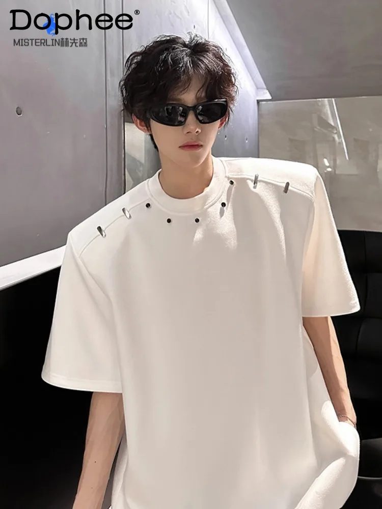 

2025 Summer New Fashion Trend Round Neck Heavy Rivet Loose T-Shirt Casual Youth Popular Handsome Men's Short Sleeve