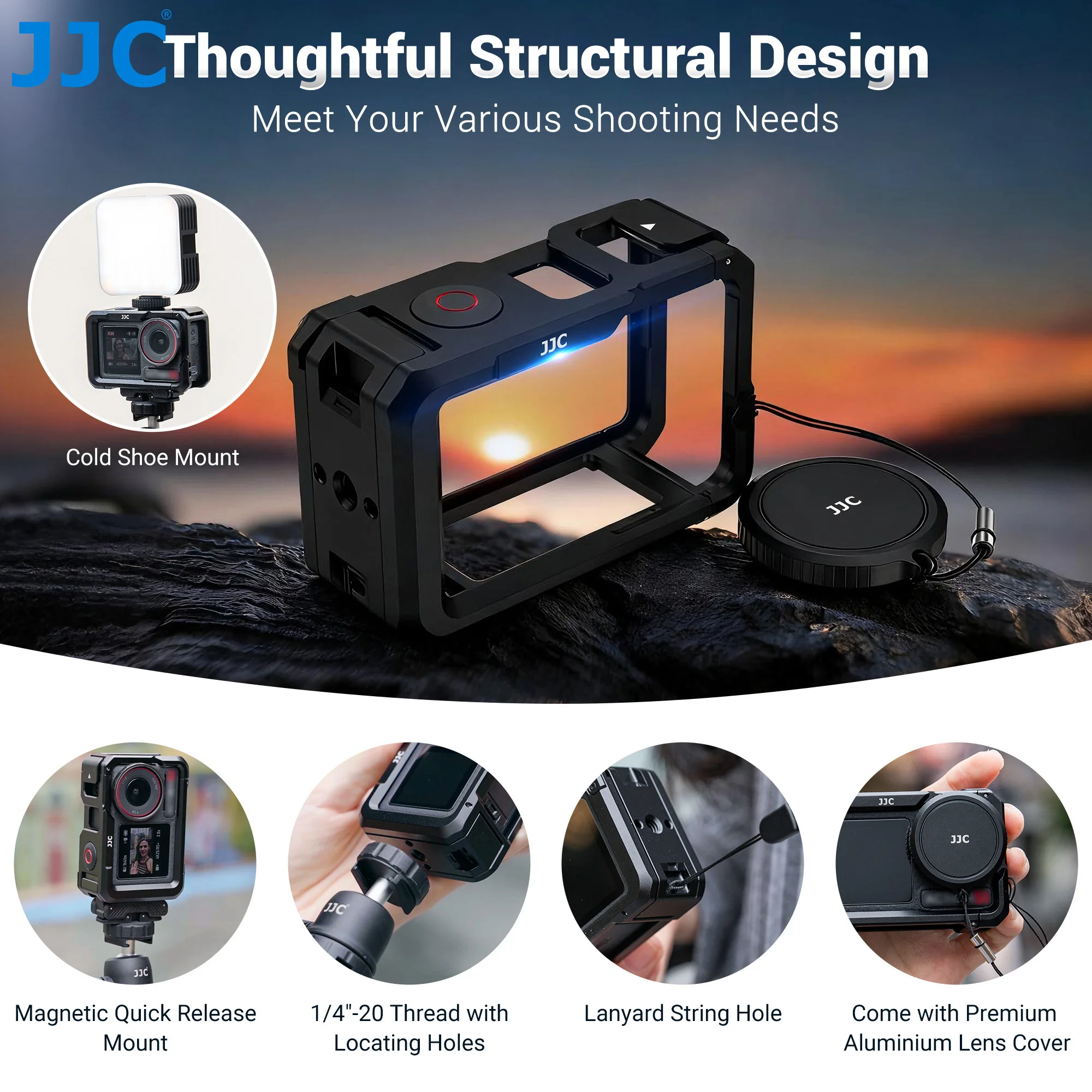 JJC Metal Cage for DJI Action 5 Pro Action 4 3 Accessories Protective Cage Frame Compatible for DJI Mic LED Camera Grip Kit