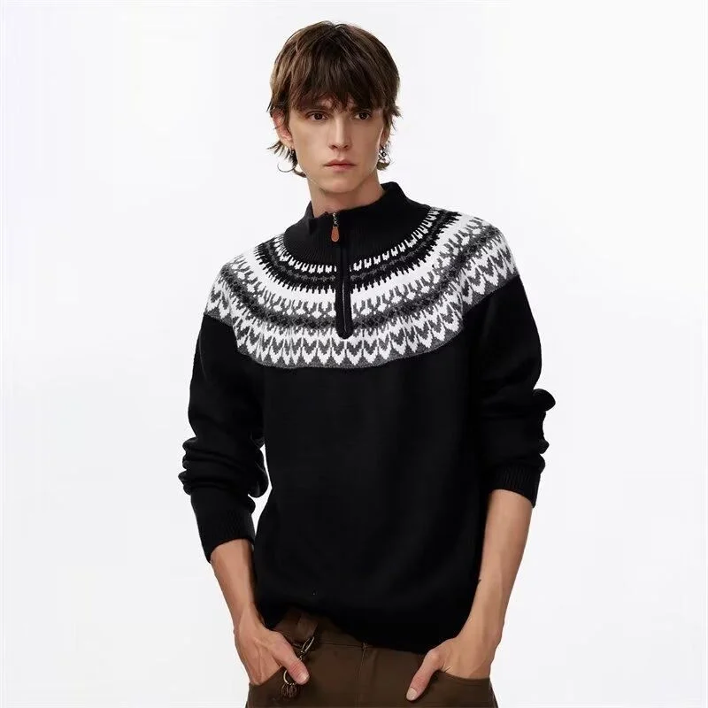 

Retro Heavyweight Fair Isle Knit round Ne Sweater Loose Casual Boting Sweater for Men And Women Couple Leisure Knittedwear