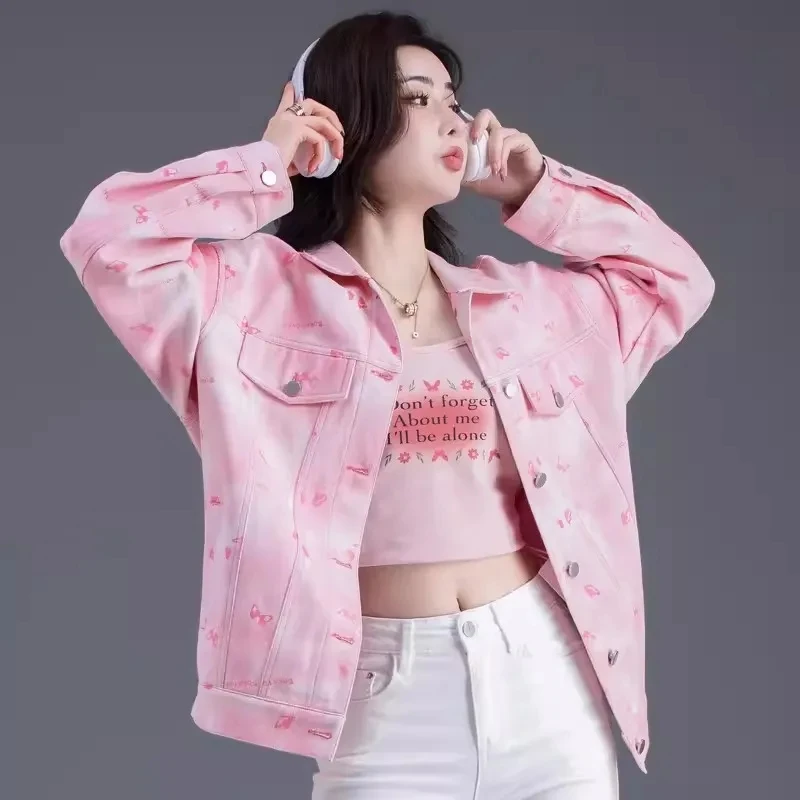 Pink Butterfly Printed Denim Jackets For Women New Outerwear New Spring And Autumn Casual Shoulder Sleeves Small Women's Jacket