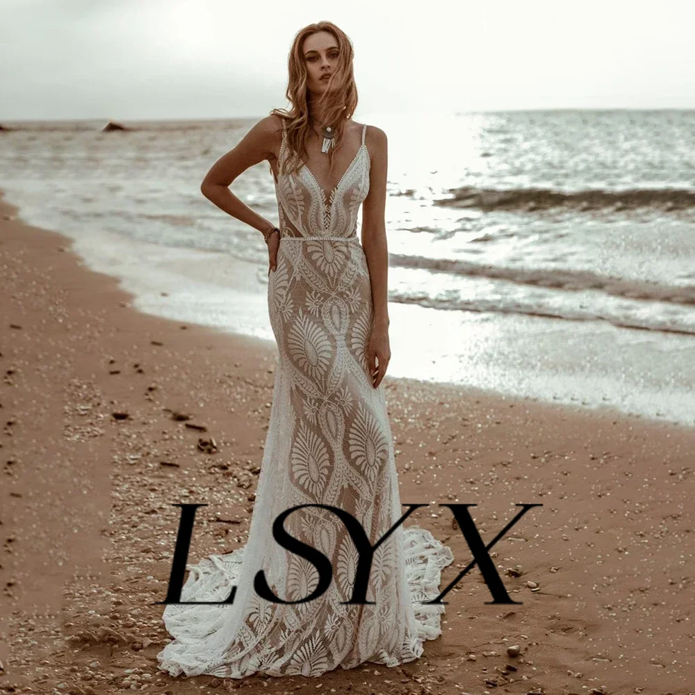 LSYX-Robe de mariée sirène en dentelle à col en V, bretelles spaghetti, dos ouvert, sexy, longueur au sol, robe de patients, sur mesure, plage