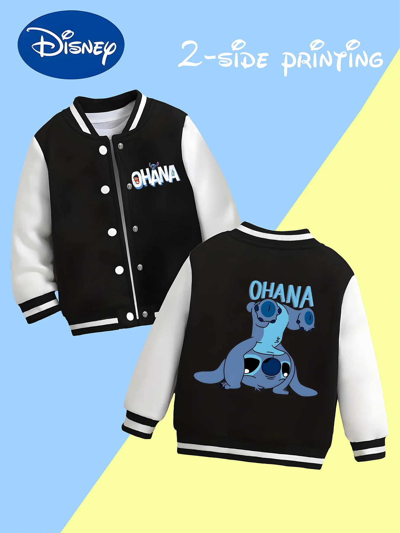 

MINISO Disney Boys' Baseball Jacket-Stitch Stacking Style, Double-sided "OHANA"+Stitch pattern, perfect for everyday school wear