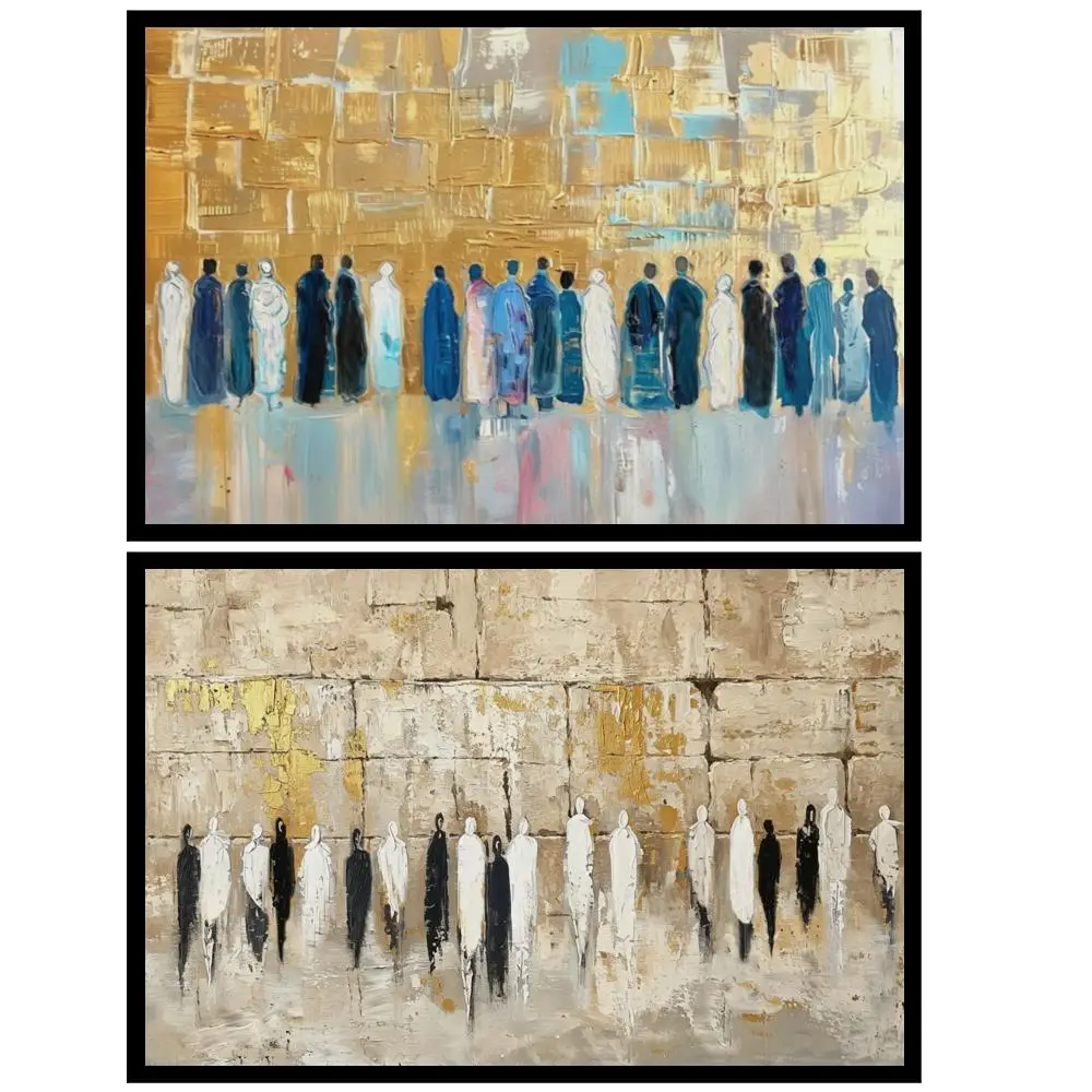 Abstract Modern Jewish Wall Art Jerusalem Kotel Canvas Prints Warm Gold Praying Men in Tallit Decor for Contemporary Synagogue