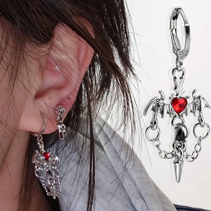 Punk Red Zircon Heart Wings Drop Earrings for Women Men Dark Gothic Crystal Cross Piercing Earrings Y2K Jewelry Accessories
