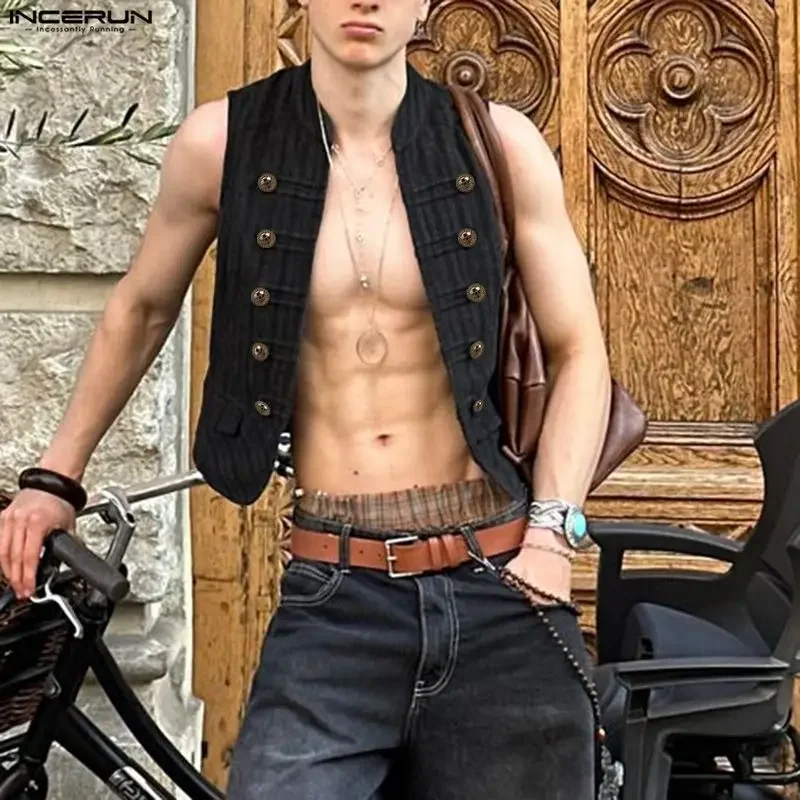 INCERUN Men Vests Striped Stand Collar Sleeveless Open Stitch Male Waistcoats Streetwear 2026 Fashion Casual Crop Vests For Man
