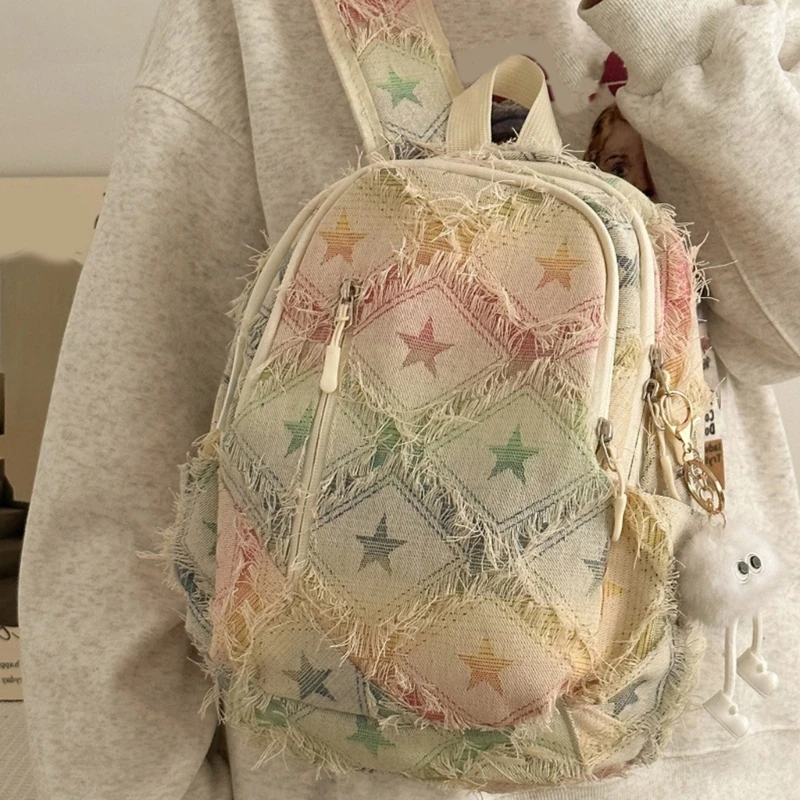 Mochila japonesa colorida mezclilla rasgada para estudiantes escuela con capacidad